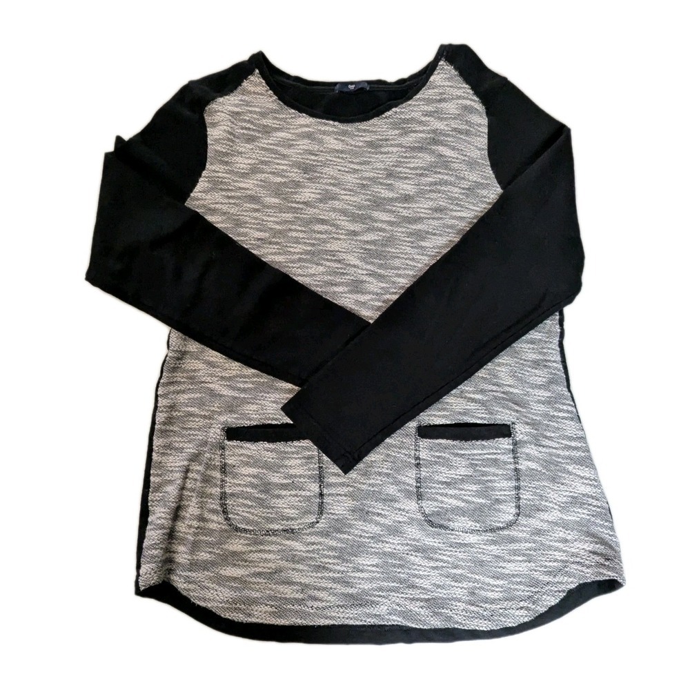 Gap Marled Knit Raglan Tunic Top Women's L Gray Black Long Sleeve Pocketed
